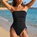 Women Strapless One Piece Swimsuit - Bandeau Tummy Control Bathing Suit | Removable pads and straps, Cheeky Bottom, Slim midsection via front folds, High thigh arch for a tall look (Black, XL)