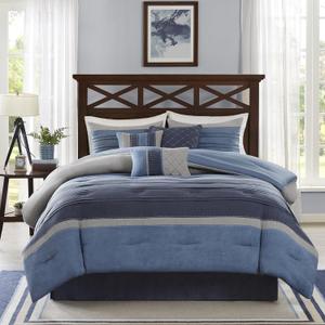 Madison Park Cozy Comforter Set Casual Modern Design - All Season Bedding, Matching Bed Skirt, Decorative Pillows, Collins, Suede Blue Grey King(104"x92") 7 Piece