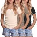 LessonZoo 3 Pack Girls Shirts Scoop Neck Ribbed T Shirts Teens Short Sleeve Slim Fit Summer Tees for Kids Age 5-14(Cream, Mocha, Black,13-14 Years)