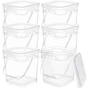 Domensi 6 Pcs Clear Square Bucket with Lid Food Ice Cream Plastic Buckets with Handle Reusable Freezer Containers Industrial Pails for Paint Storage for Kitchen Home(1.5 Gallon) (EXP 12/31/26)