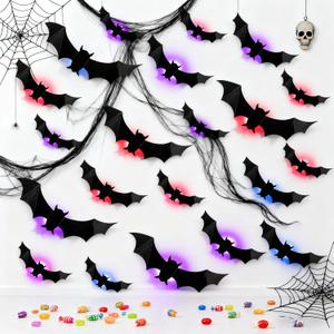 2025 New Halloween 3D Lighted Bats, LED Lighted 3D Bats Halloween Decoration, Upgrade LED Glowing Bat Group Hanging Wall Luminous Glow Clings Multipack Bedroom Window Decorations (Black)