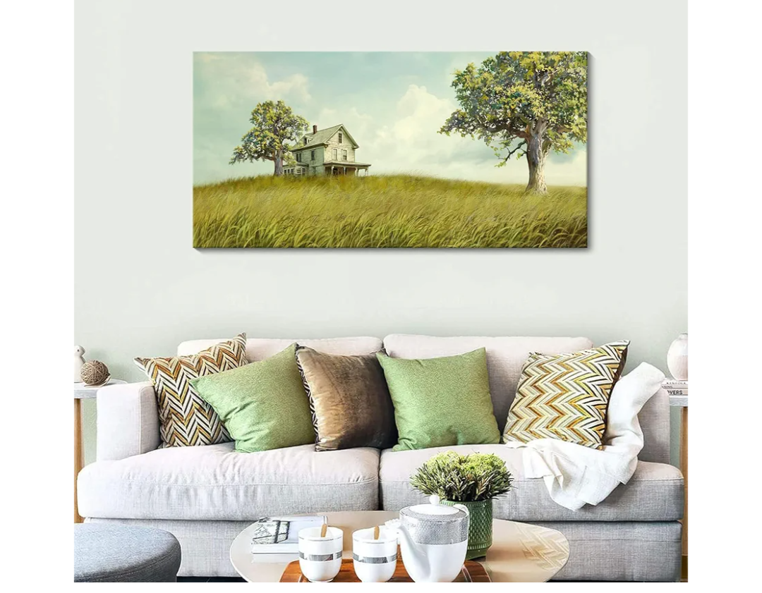 YCPRIMER Canvas Wall Art - Village Landscape Decor Retro Farmhouse Picture Yellow Tree Painting Artwork for Dinning Room,Living Room,Kitchen Decoration Size 24×48Inch
