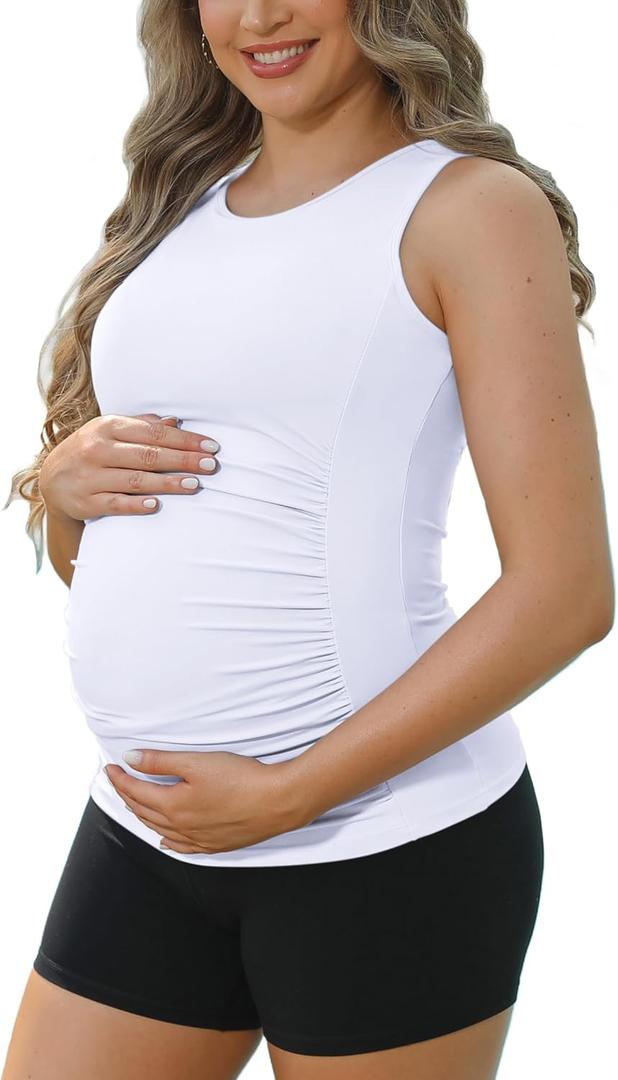 ATTRACO Women's Maternity Tank Tops with Built in Bra Side Ruched Sleeveless Pregnancy Tank (Large, White)
