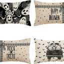 Happy Halloween Pillow Covers Trick or Treat Ghosts Truck Bats Lumbar Pillow Cases Set of 4 Autumn Decorations for Farmhouse Home Bedroom Sofa Couch Outdoor Holiday Decor 12x20 Inch