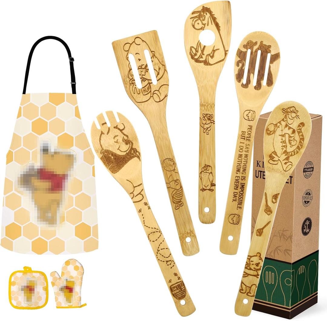 Christmas Gifts for Mom Women Cute Bear Wooden Cooking Spoons Set Bamboo Kitchen Cooking Utensils Set with Apron Oven Mitt Potholder Set Birthday Mothers Day Gift