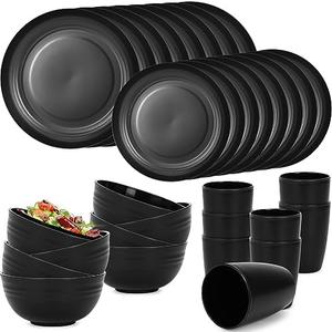 RVXHUA Reusable Plastic Dinnerware Sets, Unbreakable Wheat Straw Cups Plates and Bowls Set, Microwave and Dishwasher Safe Kitchen Dish Set for RV Camping Picnic Dorm (Black)