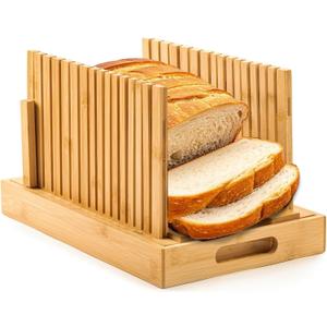 Bread Slicer for Homemade Bread, Bamboo Bread Slicing Guide Adjustable Width, Foldable and Compact Cutting Guide with Crumb Tray for Cakes, Bagels, Loaves, Kitchen Gadgets & Gifts (Knife Not Included)