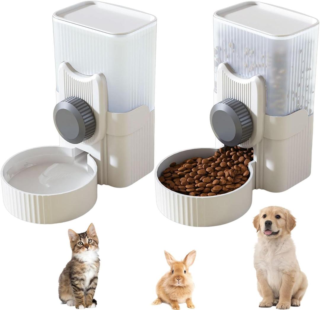 Hanging Automatic Pet Feeder Water Dispenser Set, 35oz Rabbit Food Bowl Water Bottle Cage-Mounted Gravity Hanging Feeder for Small Pets Rabbits Ferrets Cats Dogs Guinea Pigs (Grey)
