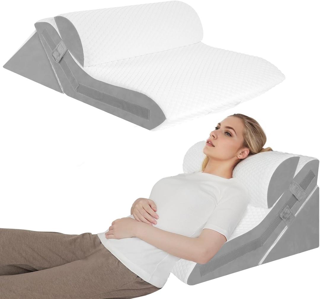 Wedge Pillow for Sleep Apnea, 3PCS Adjustable Foam Back Pillow for Bed Sitting up, 10-in-1 Headboard Wedge Pillow Set for After Surgery, Acid Reflux, Snoring, and Back Pain Relief, Gray