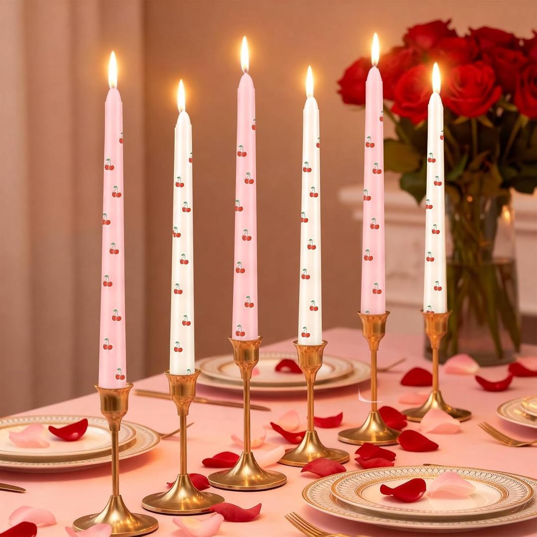 Sumind 8 Pack Valentine Cherry Taper Candles 9.8 Inch Hand Painted Pastel Candlesticks Aesthetic Cute Candle for Galentine's Day Home Dinner Wedding Party Holiday Decor Table Centerpieces, Unscented