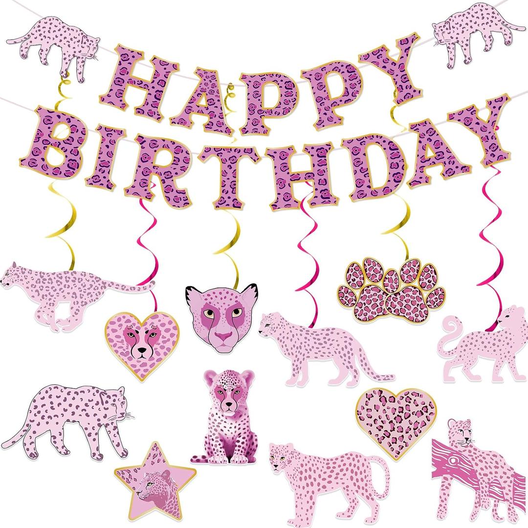 Pink Cheetah Birthday Decorations Pink Leopard Party Decorations Cheetah Print Birthday Decorations with Banner Leopard Hanging Swirls