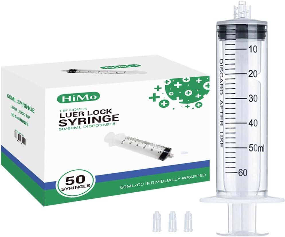 HiMo Pack of 50 - 60mL Luer Lock Syringe without Needle Large Plastic Sterile Syringes with Cap 50mL/60cc