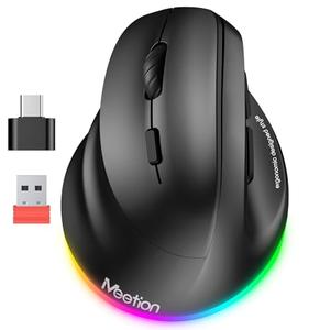 MEETION Left-Handed Ergonomic Mouse, Wireless Vertical RGB Rechargeable Mouse, Bluetooth(5.2 + 3.0) & USB-A with USB-C Adapter 4 Adjustable DPI Mice for Mac/Windows/PC/Tablet/iPad Black