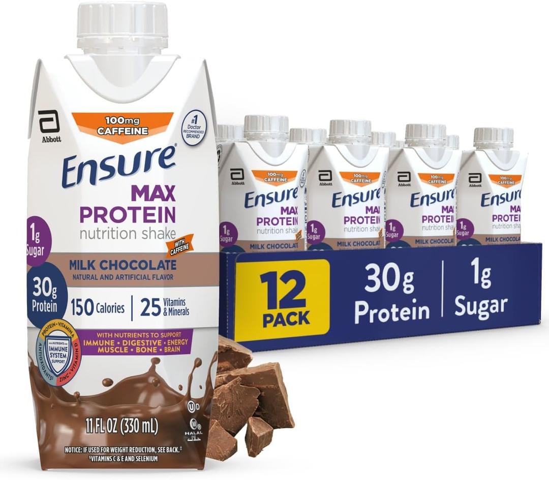 Ensure Max Protein Shake | Milk Chocolate with Caffeine | Ready to Drink | 30g Protein for Muscle Health | 1g Sugar, 4g Fiber | 11 fl oz, 12 Pack (BBD 1 APR 2026)