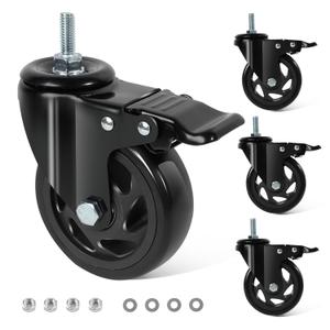 Caster Wheels 4 Inch, Swivel Threaded Stem Casters Set of 4 Heavy Duty 2000lbs, 3/8" -16 x 1 (Stem Diameter 3/8", Stem Length 1") Locking Casters Wheels Black