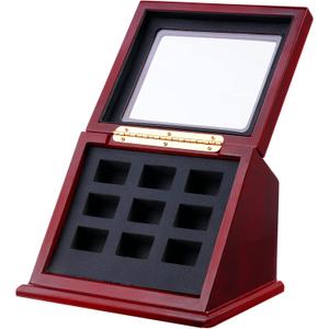 Joyibay Championship Ring Wooden Display Case, 9-Slot Jewelry Storage Case Holder with Clear Window, Sports Rings Display Shadow Box, Sturdy Organizer Tray for Jewelry Showcase