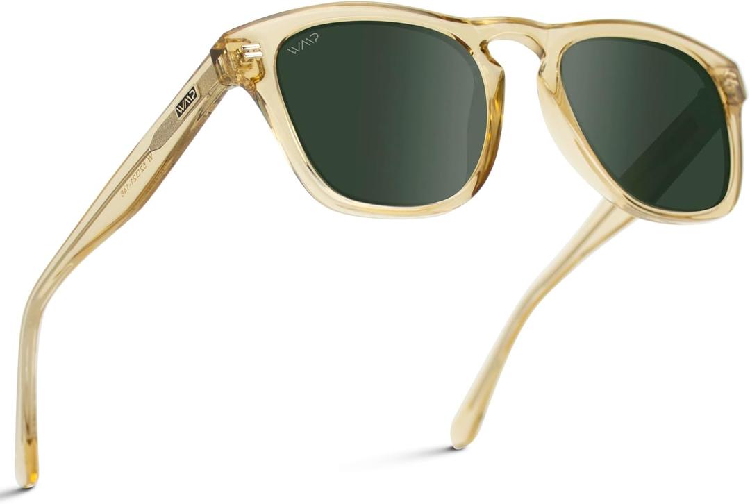 WearMe Pro - Polarized Retro Large Rectangular Mens Sunglasses (Crystal Yellow Frame / Smoke Green Lens)