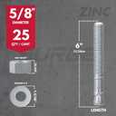 5/8" x 6" Zinc-Plated Wedge Anchors for Concrete & Cement (Box of 25)