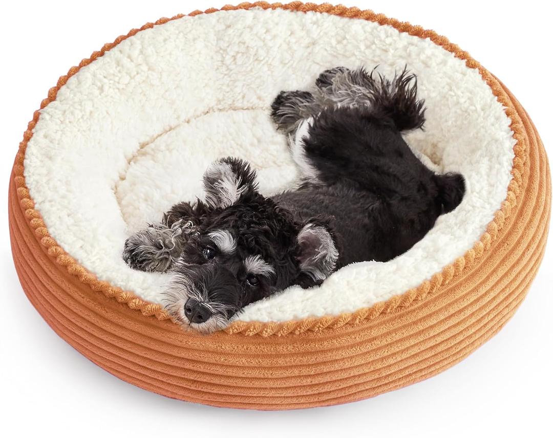 Love's cabin Round Donut Cat and Dog Cushion Bed, 25in Pet Bed for Small or Medium Dogs, Anti-Slip & Water-Resistant Bottom, Soft Durable Fabric Pet Beds, Washable Calming Cat Bed Orange Stripe (25.0"L x 25.0"W x 7.0"Th)
