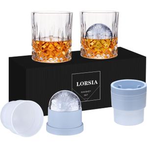 Whiskey Rocks Glass, Set of 4 (2 Crystal Bourbon Glasses, 2 Round Big Ice Ball Molds) In Gift Box - 10 Oz Old Fashioned Glasses for Scotch Cocktail Cognac,  Unique Gifts for Men