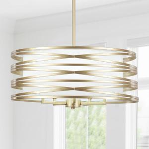 Sprayed Gold Chandeliers for Dining Room Modern Farmhouse 18.89 Inches Drum Chandelier with White Shade Industrial 5 Light Gold Pendant Lighting Fixtures for Entryway Kitchen Island Bedroom