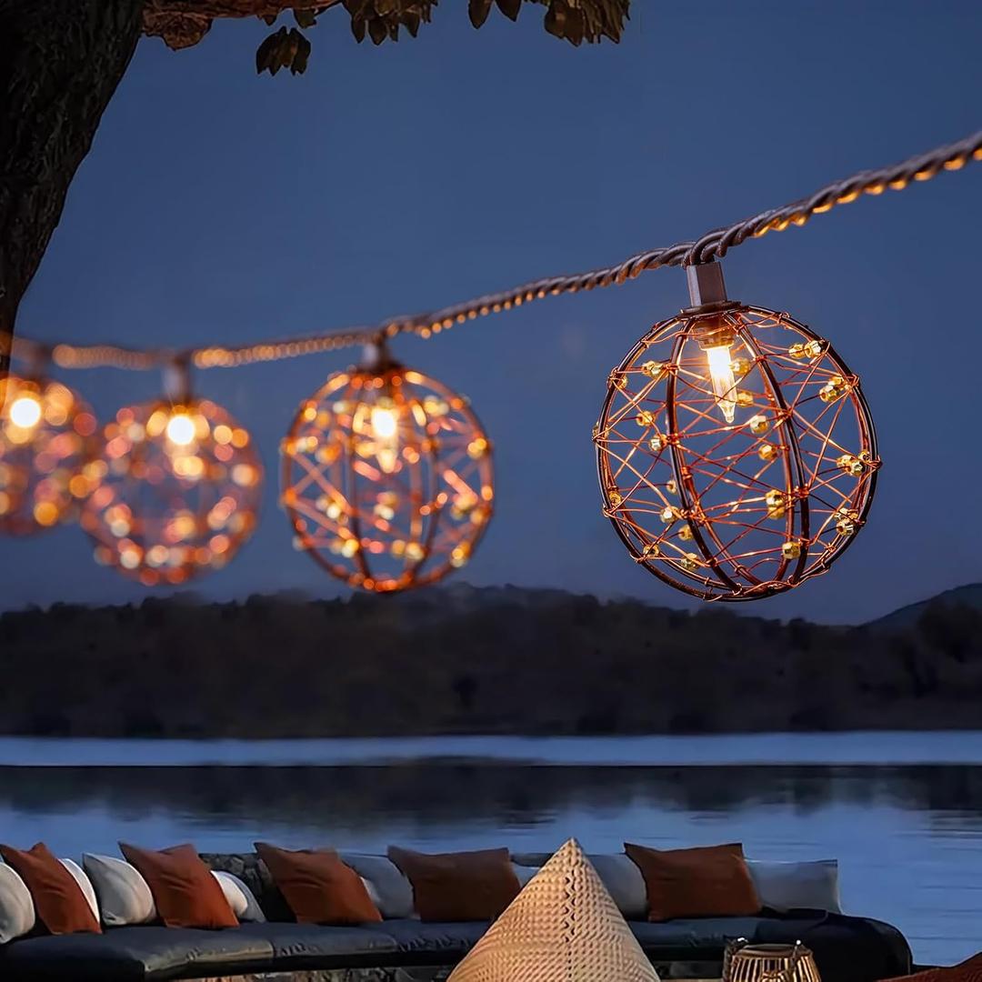 Outdoor Decorative Patio String Lights, Beaded Copper Wire Ball Style Lantern Lights, Connectable Weather-Resistant Indoor Outdoor Novelty Whimsical Light for Home Pergola Bedroom Porch Party Backyard