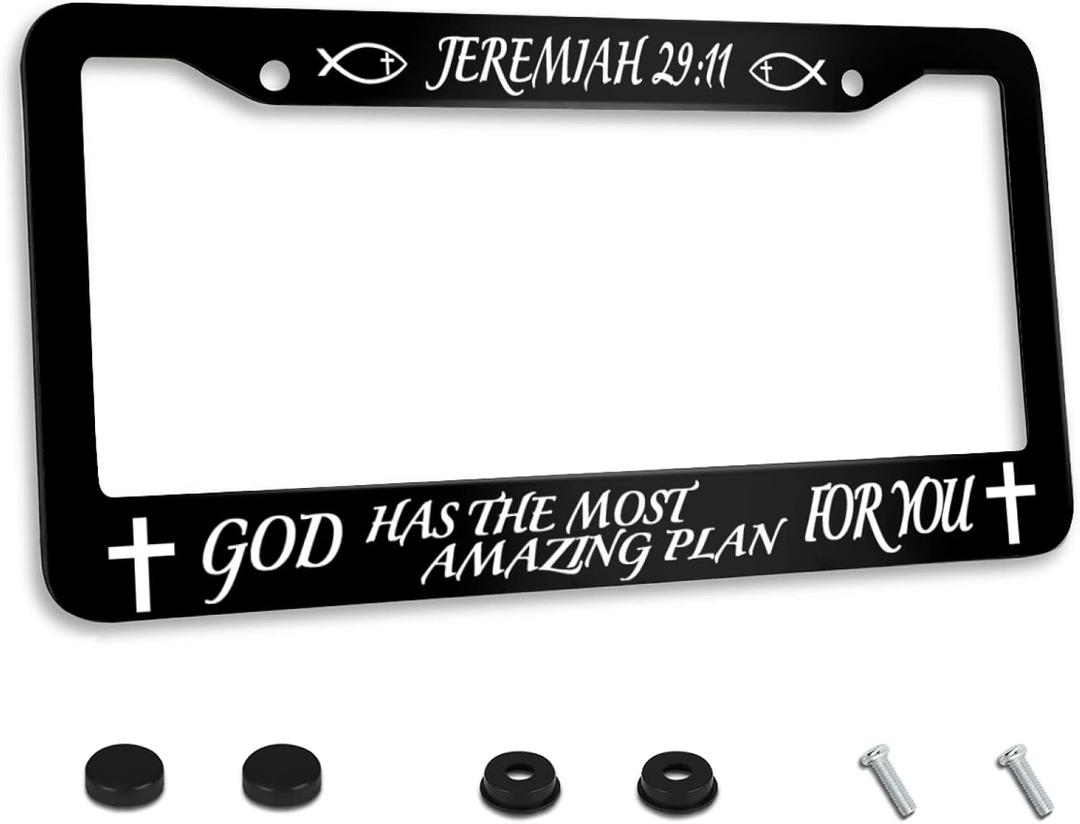 Personalized License Plate Frame Jeremiah 2911 God Has The Most Amazing Plan for You Stainless Steel License Plate Holder Accessory Decorative 2 Holes and Screws Standard License Plates for Women Men (One size)