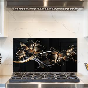 fzxwyishu Tempered Glass Kitchen Backsplash, Stove Back Top Cover, Splashback Tile,Magnolia flowers Kitchen Sink Cover Splash Guard, Home Kitchen Decor (Art Deco 3, 30"x16"(76.2x40.64cm))