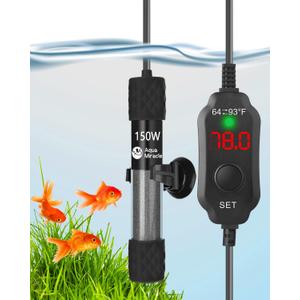 AquaMiracle Aquarium Heater 150W Fish Tank Heater for 15-30 Gal Tanks, LED Digital Display Thermostat Turtle Heater with Out-of-Water Auto Shut-Off, Overheat Protection & Memory Function