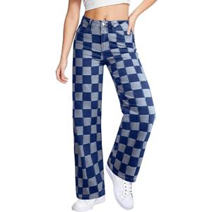Sidefeel Women's Wide Leg Jeans High Waisted Stretchy Straight Leg Checkered Loose Denim Pants, Blue 18