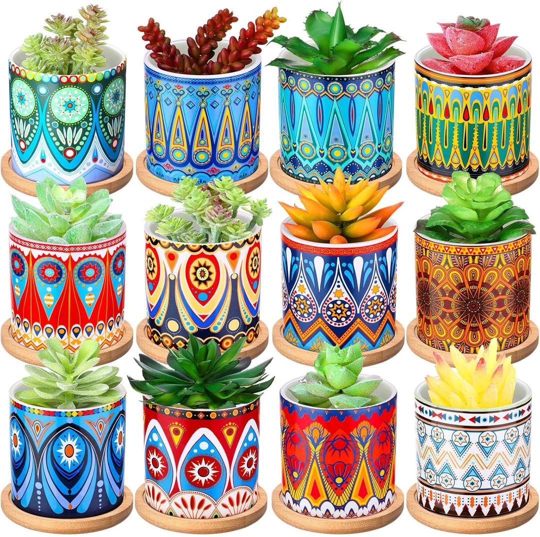 Zopeal 12 Pcs Mandala Ceramic Succulent Pots with Bamboo Trays, Colorful Boho Spring Decor Planters, Small Cactus Plant Pots for Desk Shelf Windowsill, Fiesta Home Decor