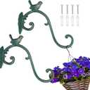 Moxweyeni 2 Pcs Cast Iron Plant Hangers Outdoor 10" Heavy Duty Hanging Basket Brackets Lovely Bird Shape Decorative Wall Hangers for Flower Pots Bird Feeder Wind Chime Lantern(Golden Green)