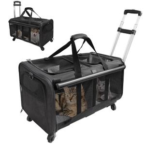Double-Compartment Pet Rolling Carrier with Wheels for 2 Pets,for Up to 35 LBS,Cat Rolling Carrier for 2 Cats,Super Ventilated Design,Ideal for Traveling/Hiking /Camping