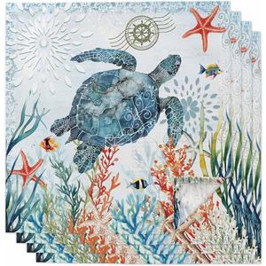 Coastal Turtle Cloth Napkins Set of 4, Ocean Coral Seaweed Reusable Dinner Napkins Cloth Summer Nautical Washable Dinner Towel for Wedding Party Kitchen Table Decoration, 20x20 Inch (Light Blue Red)