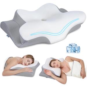 Cervical Neck Pillow, Memory Foam Pillows for Neck Discomfort Relief, 2 Heights Ergonomic Pillow with Breathable Ice Silk Cover, Neck Support Pillow for Side Sleepers, Odor-Free White