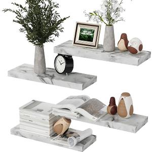 Modern Wall Shelves - 4 Sets Floating Shelves with Invisible Brackets, Display Shelves for Bedroom, Bathroom, Kitchen, Living Room Marble Surface