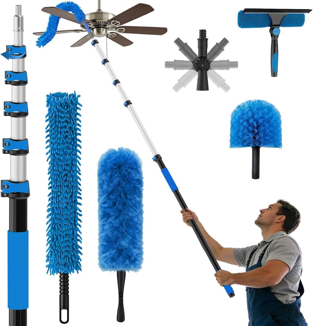 25FT Reach High Ceiling Duster Kits with 5-20FT Adjustable Pole - Includes Extra Long Duster, High Ceiling Duster, Rotatable Window Squeegee & Cobweb Duster for Ceiling Fans and Whole House Cleaning