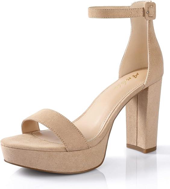 Ankis Chunky Platform Heels - 4 Inch Block Heeled Sandals for Women - Comfortable Open Toe Strappy Heels - Black, Nude, White, Silver, Gold - Summer Dress Shoes 7.5
