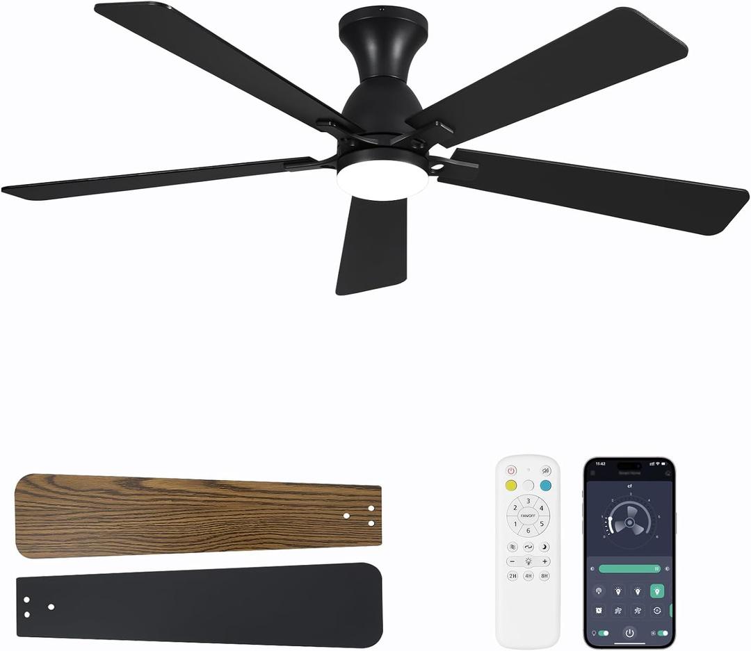 Ceiling Fans with Lights, 60 Inch Low Profile Ceiling Fan with Light and Remote Control, Flush Mount, Reversible, 3CCT, Dimmable LED, Quiet, Black Ceiling Fan for Bedroom, Living Room