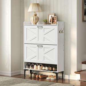 Shoe Storage Cabinet, Shoe Organizer with 2 Flip Drawers, Hidden Shoe Storage for Entryway, Freestanding Organizer with Open Storages, White SHWT9401