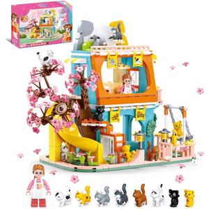 Cat House Building Set, Animal Playground Crossing Toy with 8 Cats and a Doll Minifigures Compatible with Lego Friends Pet Sets, Thanksgiving Christmas Birthday Gift Idea for Girls Kids Aged 6-12