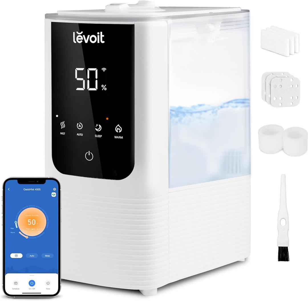 LEVOIT Humidifiers for Bedroom Home, Smart Warm and Cool Mist Air Humidifier for Large Room, Auto Customized Humidity, Fast Symptom Relief, Easy Top Fill, Essential Oil, Quiet, OasisMist 4.5L, White