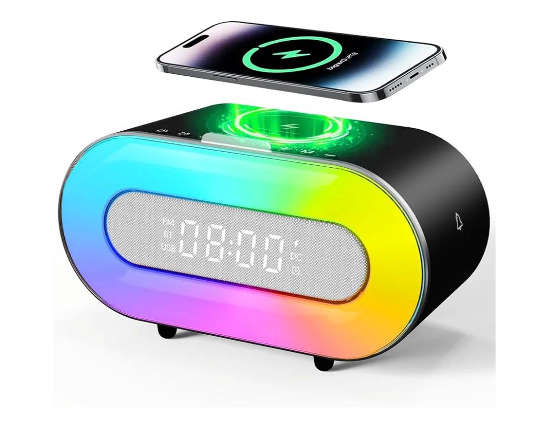 NOTIKS Bluetooth Speaker with Wireless Charger 15W, Adjustable Ambient Beside Lamp, Dual Wireless Speaker and LED Night Light, 4000mAh Battery, Bluetooth Clock for Bedroom, Gifts for Adults or Teens