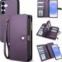 TwoHead for Samsung Galaxy S25 Wallet Case with Card Holder, Detachable Magnetic Phone Case for S25,PU Leather All-Round Protective Phone Case Wallet with Wrist Strap(6.2 in,Deep Purple)