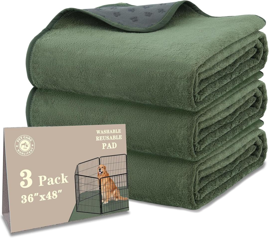 Bunlitent Washable Pee Pads for Dogs 36'' x 48", Non-Slip Washable Pee Pads for Dogs ,Fast Absorbent Pet Whelping Pads, Waterproof Dog Playpen Mat for Incontinence, Housebreak, Crate, 3 Packs, Green