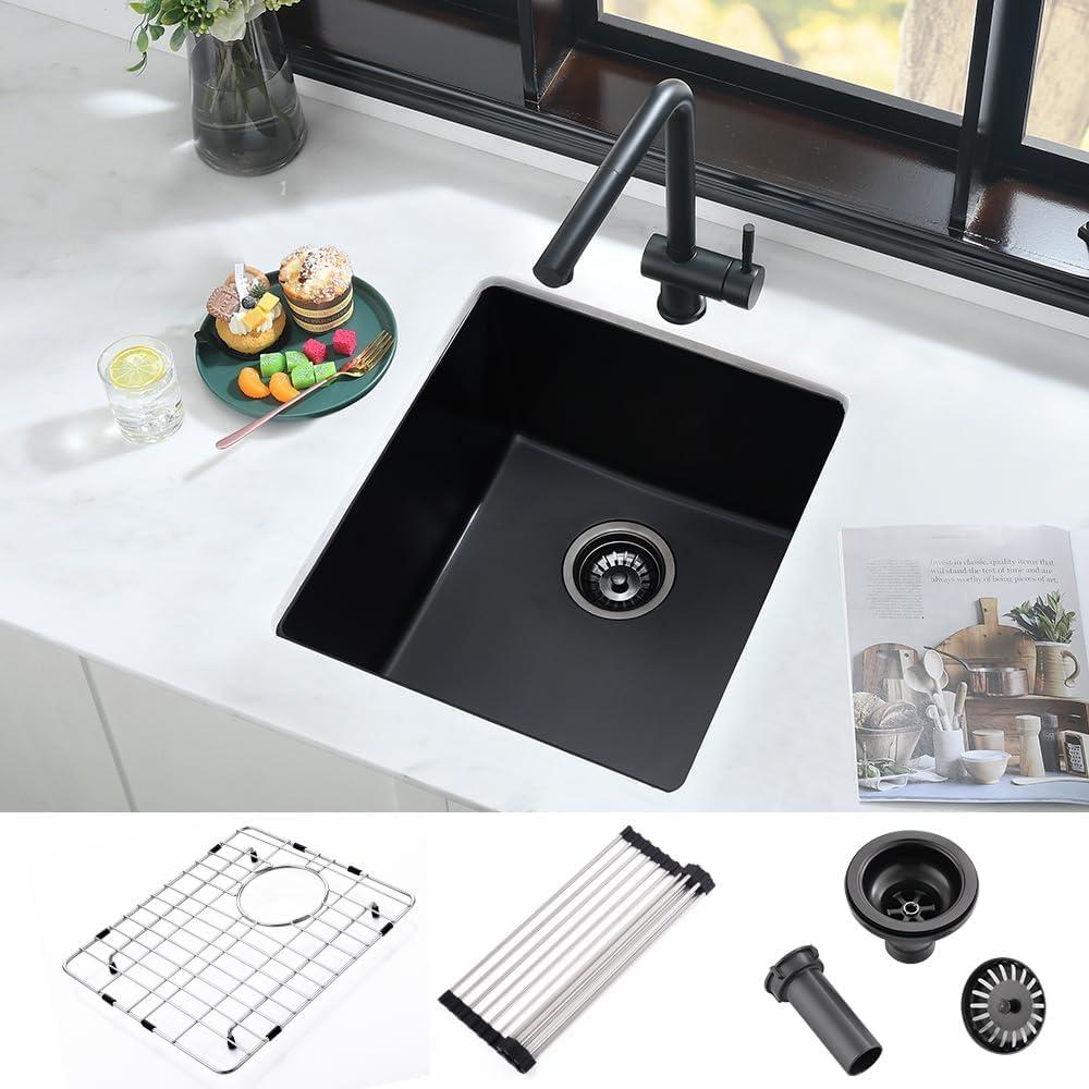 17 Inch Bar Sink Undermount Black-iAnomla 17x17 Undermount Bar Sink Bar Prep Sink Black Quartz Sink Wet Bar Single Bowl Kitchen Sink Small Rv Kitchen Sink with Bottom Grid