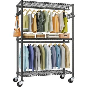 VIPEK R2 Plus Heavy Duty Rolling Garment Rack 3 Tiers Adjustable Wire Shelving Clothes Rack with Double Rods and Side Hooks, Freestanding Wardrobe Storage Rack Metal Clothing Rack, Black