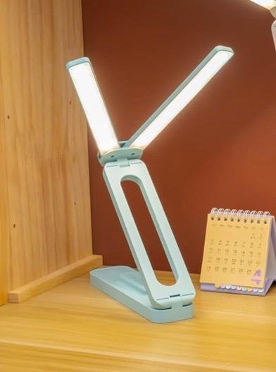 Double Head Desk Lamp with Large Lighting Range, Mini Lamp for Small Spaces, Rechargeable Foldable and Portable Desk Lamp with USB-C Cable for Travelling, Blue