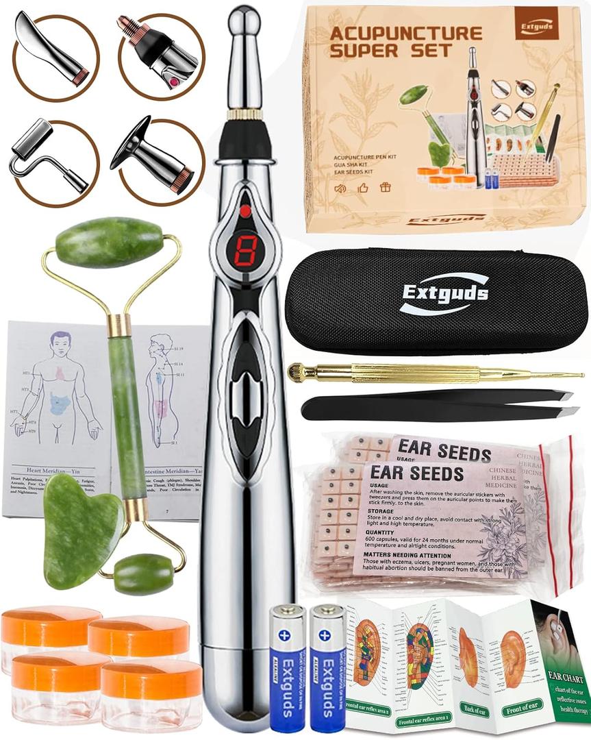 Acupuncture Super Set: 5Head Electronic Acupuncture Pen + Gua Sha Tool + Ear Seeds + Retractable Acupuncture Pen + 4 x Extra Massaging Gel + Tweezers+Chart+Batteries (Acupuncture Set(with A new bag))