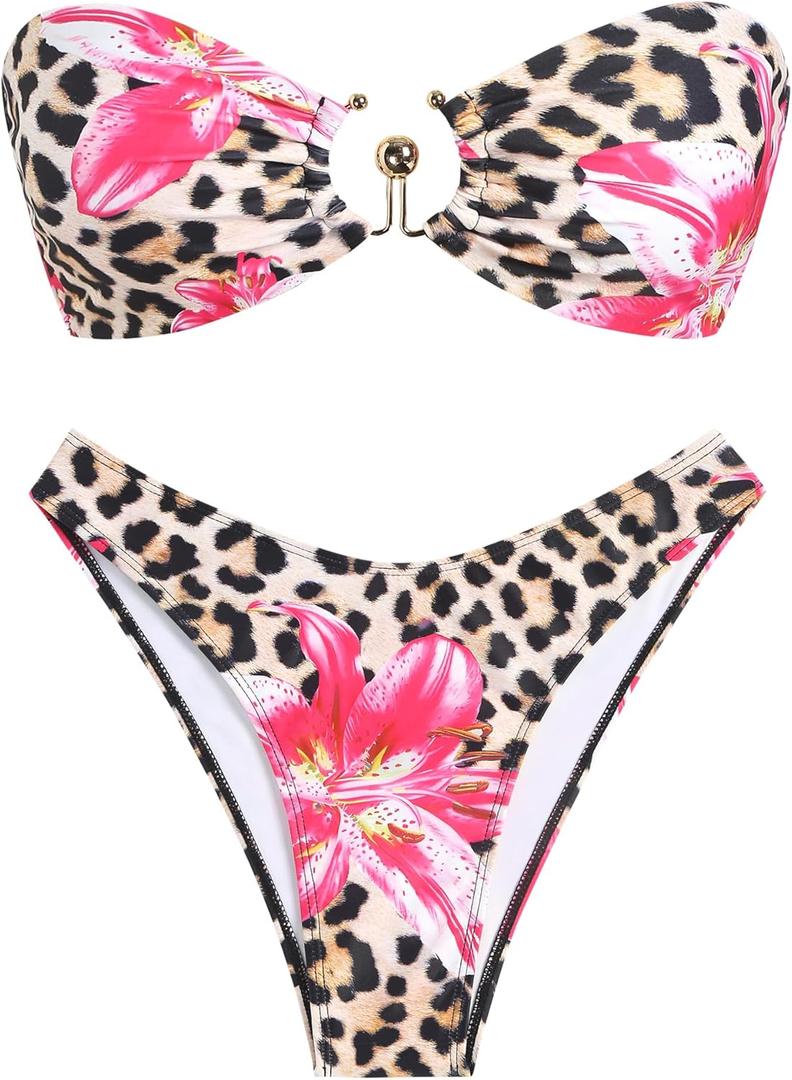 ZAFUL Womens Bandeau Bikini Set Metallic Sparkly O Ring Lace Up Tie Side High Cut Tanga Sexy Bathing Suit Swimwear, Large